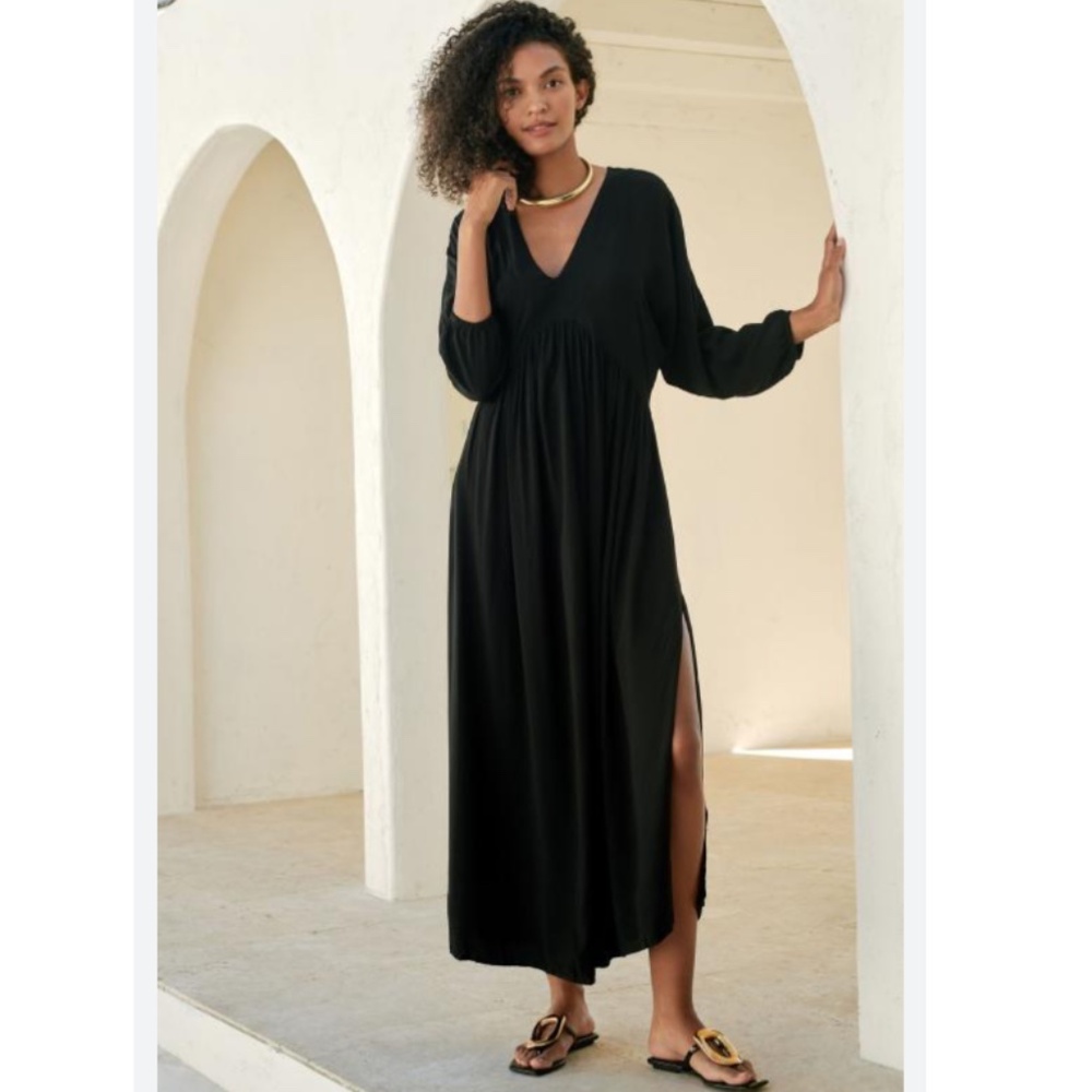 Anthropologie Black Long-Sleeve V-Neck Maxi Dress